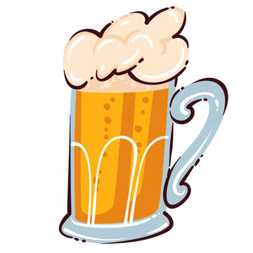 Beer mug with thick foam, golden lager in glass stein, Oktoberfest drink icon, beer pub symbol in hand drawn naive doodle style, vector illustration.