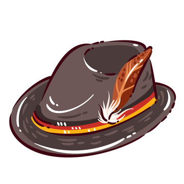 German Alpine Hat with brown felt crown, red yellow band, feather accent and wide brim. Bavarian costume accessory with German Alpine Hat, hand drawn naive vector illustration.