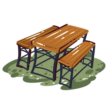 Beer Garden Table with wooden benches, plank tabletop, metal legs and green grass base. Oktoberfest picnic seating with German Beer Garden Table, hand drawn naive vector illustration.