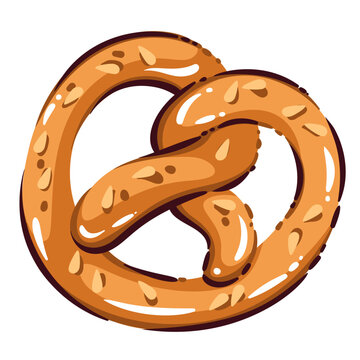 Pretzel with salted crust, twisted dough shape, glossy brown surface and sesame pieces. Oktoberfest bakery snack with German Pretzel, hand drawn naive vector illustration.
