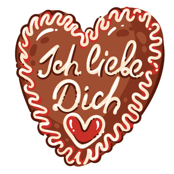 German Gingerbread Heart with icing script, red white frosting border and heart cookie shape. Oktoberfest treat with German Gingerbread Heart, hand drawn naive vector illustration.