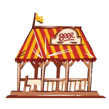 Oktoberfest Beer Tent with striped red yellow canopy, beer sign, flag, wooden posts, tables and chairs. Festival pavilion scene with Oktoberfest Beer Tent, hand drawn naive vector illustration.
