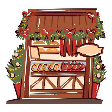 German Christmas Market Stall with wooden booth, garland, red bows, sausages, bread display and blank sign. Winter fair scene with German Christmas Market Stall, hand drawn naive vector illustration.