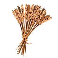 Obraz premium Wheat Sheaf with golden grain ears, tied stems, ribbon knot and harvest bundle shape. Farm crop decor with Wheat Sheaf, hand drawn naive vector illustration.