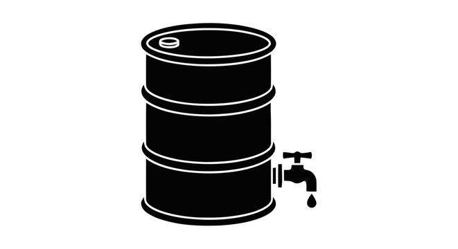 Vector illustration of black silhouette of a metal oil drum with a tap on a transparent background