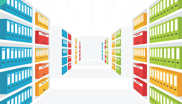 Office shelves filled with colorful binders in blue, red, green, and orange arranged in a perspective view within a bright, clean storage room for organizational themes.