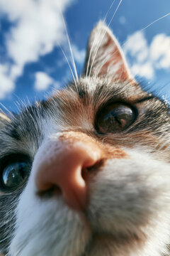 Close-up cat selfie with blue sky and fluffy cloud backdrop