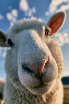 Close-up of curious sheep face under bright blue sky