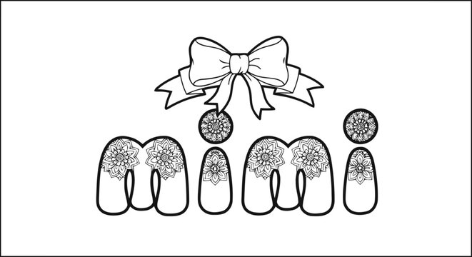 Vector illustration of mimi name coloring page with floral patterns and a decorative bow on a transparent background