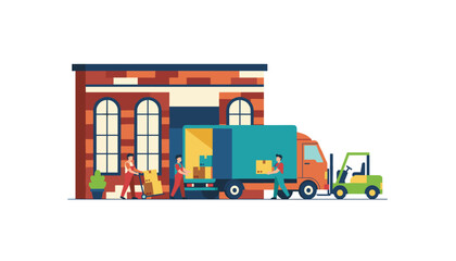Obraz premium Warehouse staff using hand, truck and forklift to organize and load cardboard packages into delivery vehicle at facility.