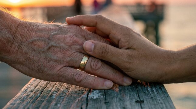 Intergenerational hands on wooden railing at dusk glow