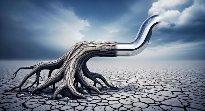 Drought Stricken Tree With Futuristic Water Pipe