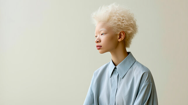 Minimal portrait of young woman with platinum curly hair