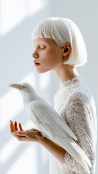 Serene portrait of woman holding white bird in soft light
