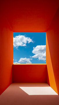 Minimal orange corridor framing blue sky and cloud view