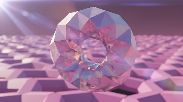 A faceted, geometric torus floats above a hexagonal grid.