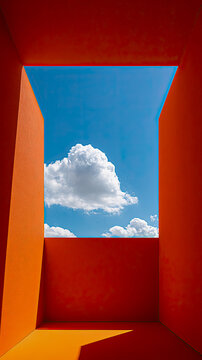 Abstract orange corridor framing blue sky and white cloud