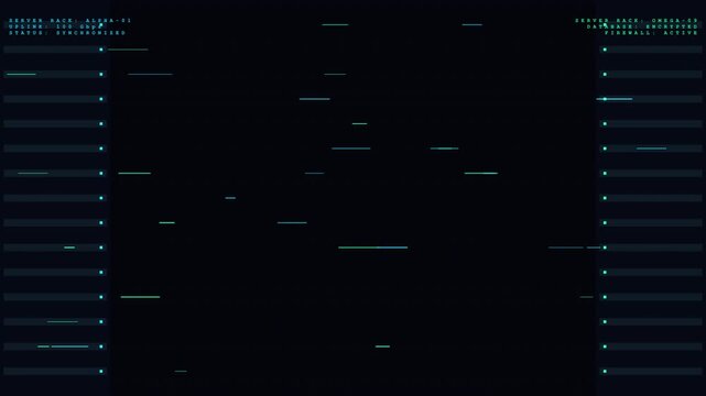 Synchronized server rack HUD with encrypted uplink data transfer animation