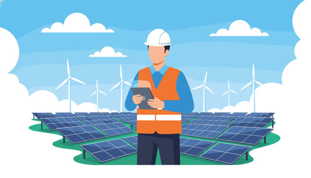 Engineer wearing safety helmet and orange vest holding digital tablet while monitoring solar panel field and wind turbines under blue sky for renewable energy project management.