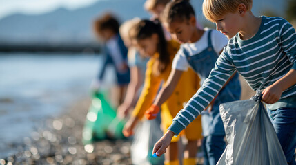 Obraz premium Diverse group of children in colorful outfits collecting plastic litter and trash from a beach into large bags, sunshine and ocean in the background, defocused shoreline in