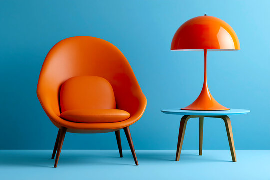 Modern interior with orange armchair and lamp on blue wall
