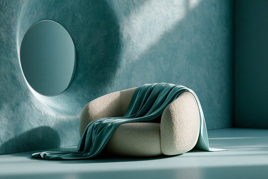Minimalist interior with modern armchair and wall mirror