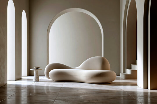 Minimalist arched interior with sculptural sofa and light