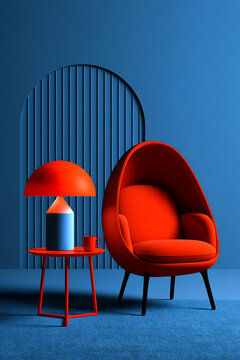 Modern blue interior with red armchair and table lamp