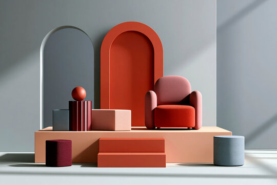 Minimalist interior set with sculptural furniture and arches