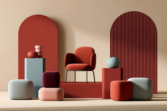 Minimal interior design with modern furniture and arches