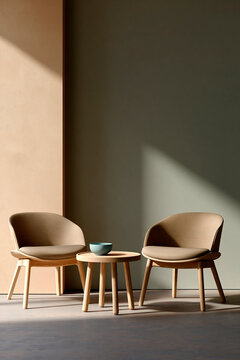 Minimal interior with modern chairs and round table in sun
