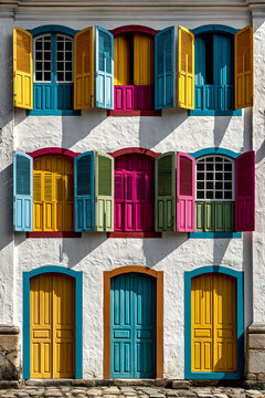 Colorful doors and windows on rustic building facade