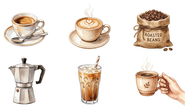 watercolor set of various coffee drinks including espresso iced coffee and roasted beans on a transparent background