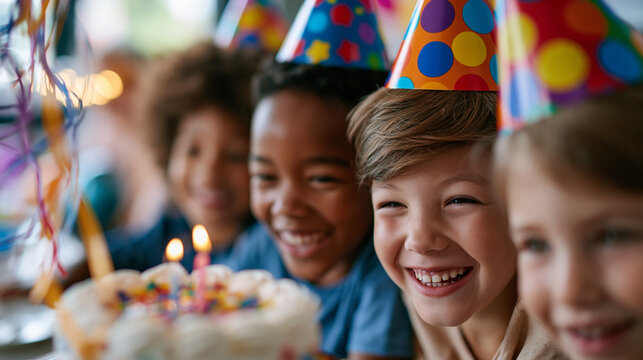 Ecstatic children in colorful birthday hats laughing together behind a frosted celebration cake at an indoor party, festive streamers visible, defocused decorated party room in