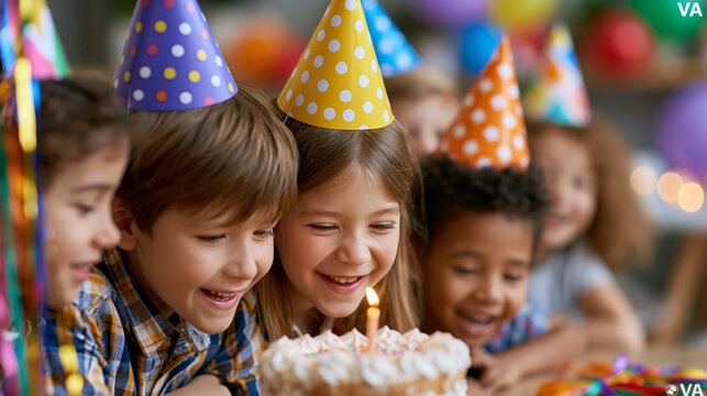 Ecstatic children in colorful birthday hats laughing together behind a frosted celebration cake at an indoor party, festive streamers visible, defocused decorated party room in