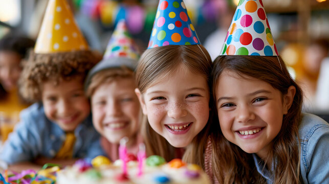 Ecstatic children in colorful birthday hats laughing together behind a frosted celebration cake at an indoor party, festive streamers visible, defocused decorated party room in