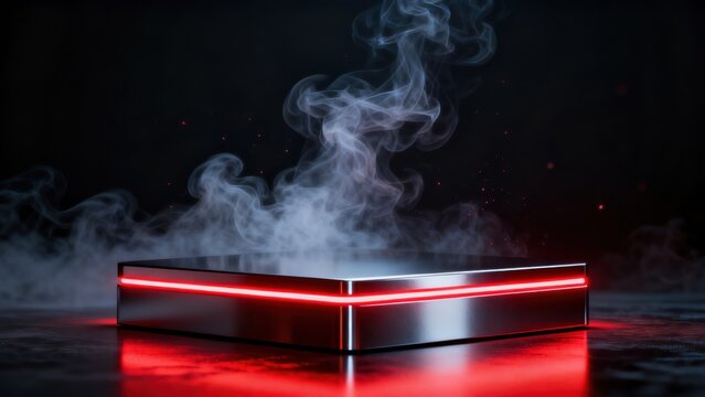 Metal platform with glowing red light and smoke