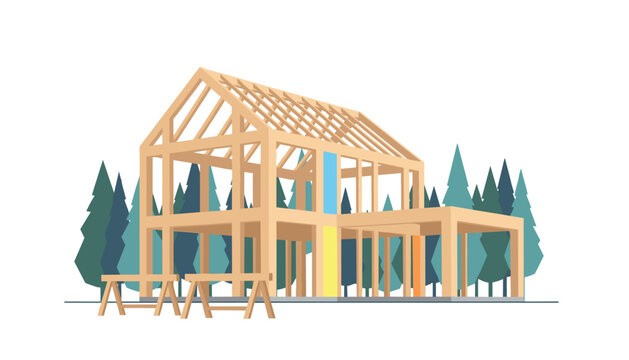 Residential house frame structure stands under construction with exposed beams and rafters against a backdrop of pine trees in a building project.