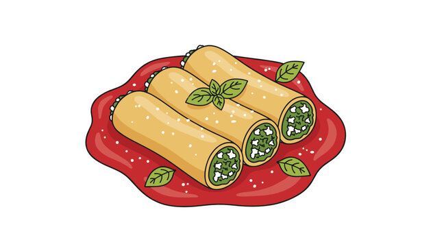 Three pasta tubes filled with spinach and cheese sit on a pool of vibrant red tomato sauce garnished with fresh green basil leaves in a flat illustration.