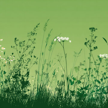 green grass silhouette with wild meadow plants and field herbs in nature-inspired illustration, ideal for eco designs, spring themes, farm scenes, and environmental concept art.