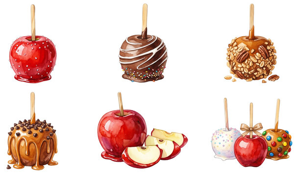 watercolor set of sweet candy apples with various toppings like chocolate and caramel on a transparent background