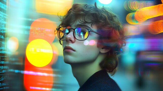 Double exposure portrait of a young male programmer with glasses, integrated with digital coding sequences and vibrant neon LED bokeh lights in a modern tech hub environment.