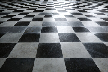 Naklejka premium Checkerboard, chessboard, checkered plane in angle perspective. Tilted, vanishing empty floor. 
