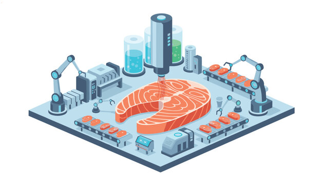 Isometric view of a lab-grown salmon fillet being processed by robotic arms and conveyor belts in a high-tech food facility illustration.