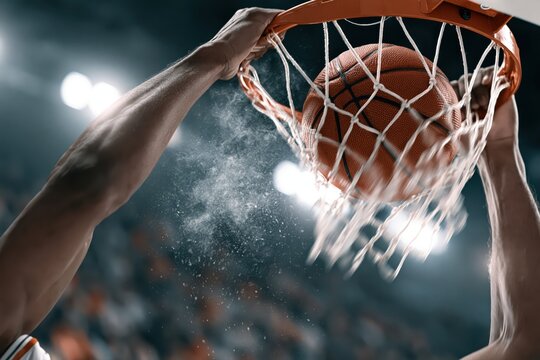 Close-up of a basketball player's hands dunking a ball through a net with dramatic lighting and motion blur.