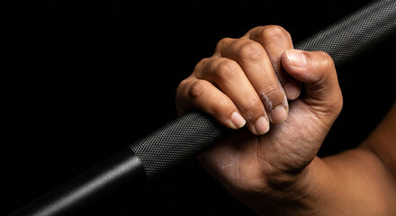 Naklejka premium Close up of athlete hand with chalk gripping barbell on black background