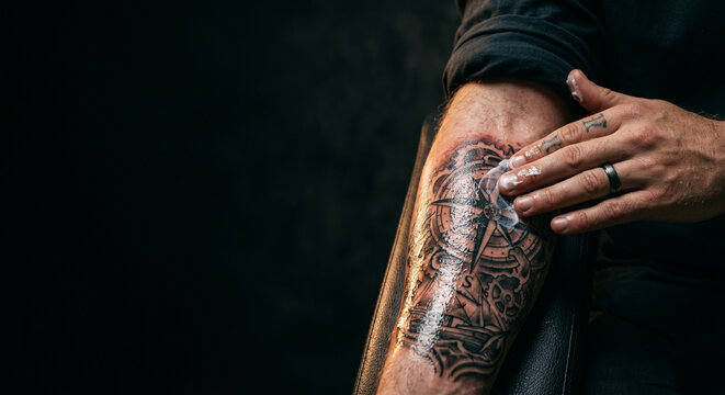 Man applying aftercare cream on fresh tattoo isolated on dark background
