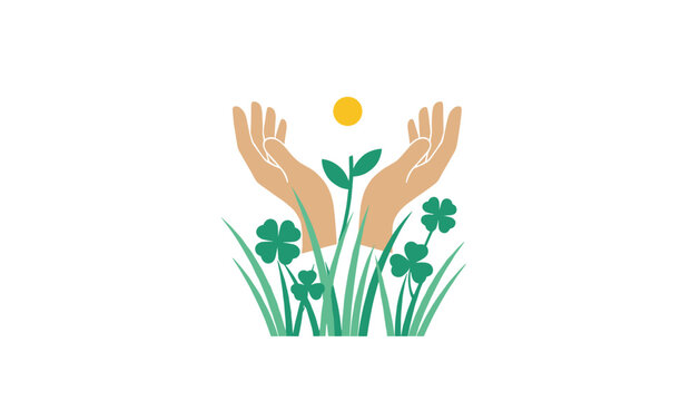 Human hands cupped together protecting a small green plant sprout growing amidst lush clover leaves and grass in a caring environmental gesture.