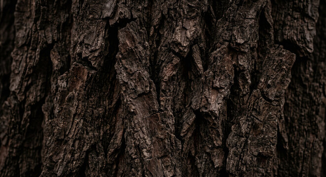 Close up of dark brown tree bark texture with deep cracks
