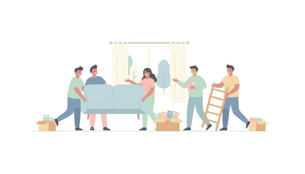 Team of friends moving furniture including sofa and ladder into new house with cardboard boxes for residential relocation and interior design.